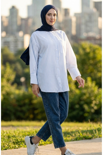 sefamerve Cămașă cu dungi cu garnitură albastră - 4815-02