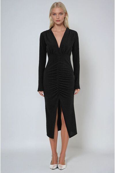 Lijuri Siyah Büzgü Detaylı ve Simli V Yaka Midi Elbise 2947 R6-D-K3