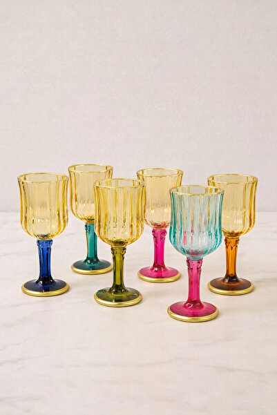 YzHome 6 lı Cam Yaldızlı Renkli Kahve Yanı Su Bardağı Kadeh Kupa Bardak 75ml