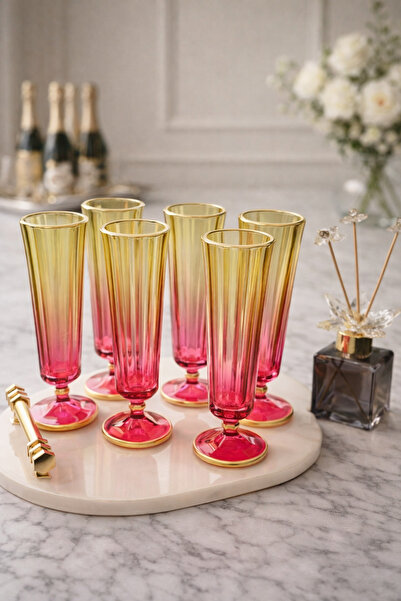 YzHome 6 Lı Renkli Yaldızlı Cam Kahve Yanı Su Bardağı Flüt Bardak 150ml