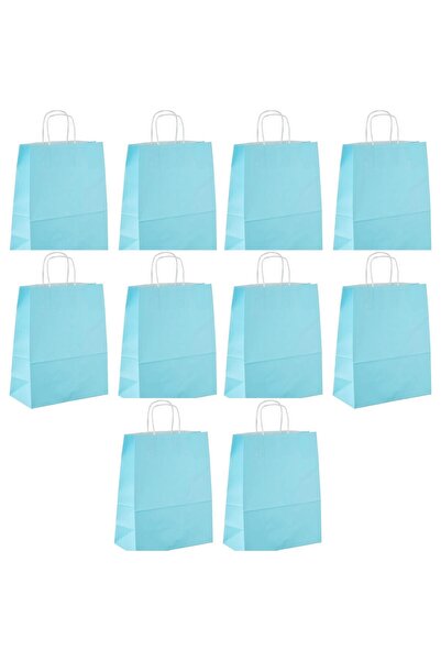 Roll-Up Büküm Saplı Kraft Kağıt Çanta Karton Hediyelik Poşet Torba - Açık Mav...