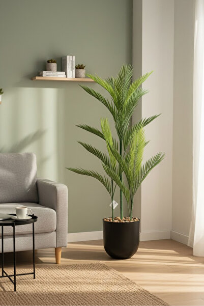 co arma شجرة نخل أريكا صناعي (3 أفرع) بمركن بلاستيك دائري بارتفاع 115 سم