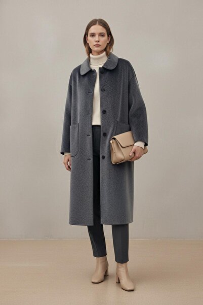 Puane Women's Fox Coat with Button and Pocket Detail - 15220Kbn - Antracite