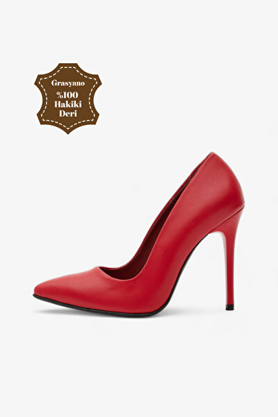 Grasyano Hakiki Deri Kırmızı Yumuşak Deriden Yüksek Konforlu Sade Stiletto 10...