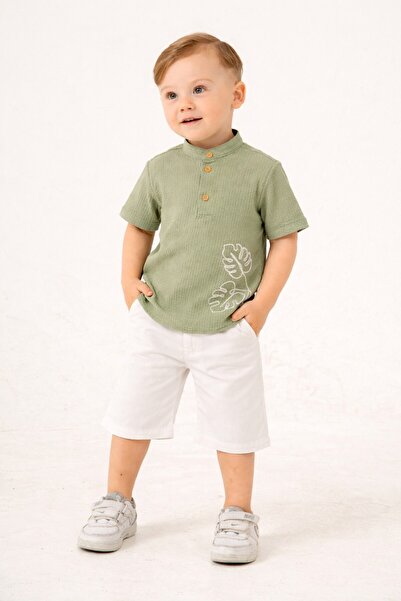 Chicsy Baby Tarz Gömlek Yaprak Desenli Belden Ayarlanabilir Kısa Kollu Şortlu...