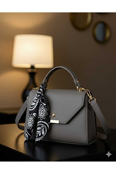 METEBAGS Gri Suni Deri Fular Detaylı Çapraz Askılı Omuz& El Çantası