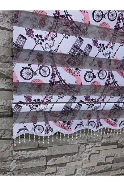 PERDECİNİZ Pembe Renk Paris Baskılı Zebra Perde Etek Boncuklu ENXBOY