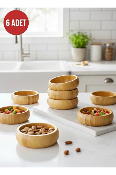 YUVAM CONCEPT Bambu Yuvarlak Çerezlik Kase 6’lı Set Doğal Bambu Sosluk Atıştı...