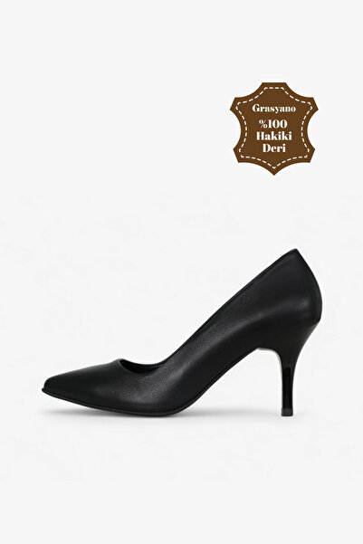 Grasyano Hakiki Deri Stiletto Siyah Sivri Burun Yumuşak Deriden Sade Konforlu...