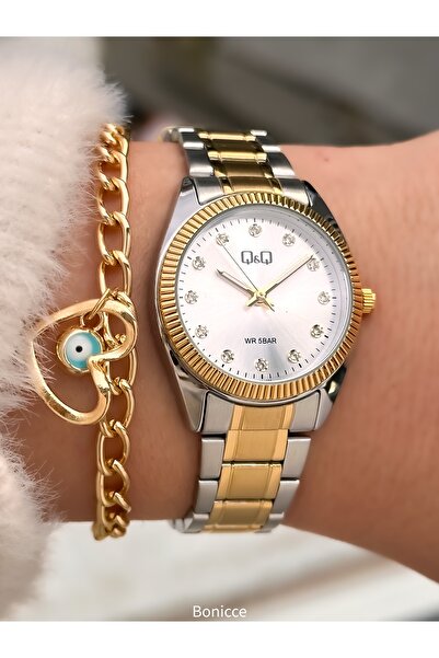 Q&Q سلك فولاذي مزدوج اللون، لون أصفر فضي، علبة صغيرة، ساعة يد كيبار + سوار