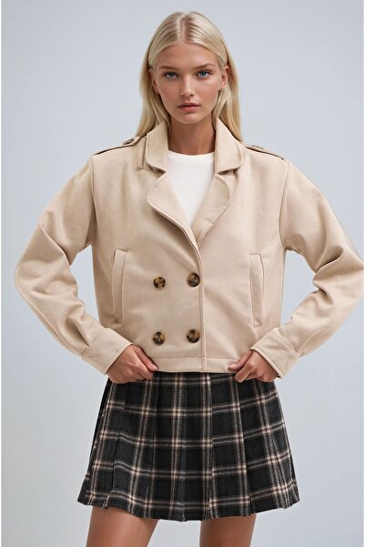 Lijuri Beige Shirt Collar Short Suede Buttoned Jacket 6175