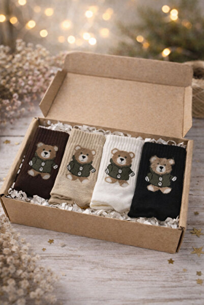 POKUT 4’lü Ayıcık Desen Unısex- Kraft Kutulu Pamuklu Çorap