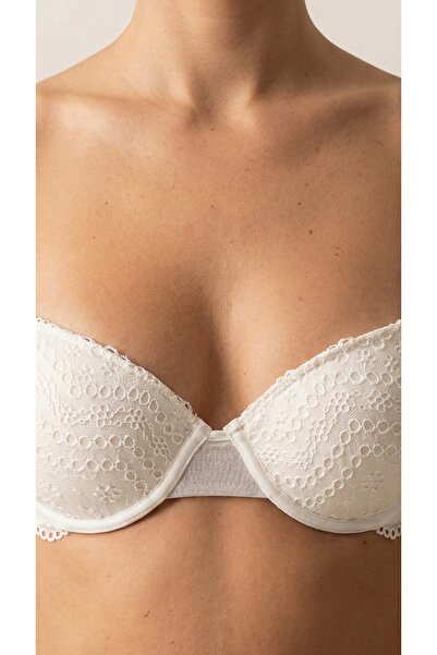 DE JUMO طقم حمالة صدر نسائية بيضاء مبطنة وداعمة من الدانتيل