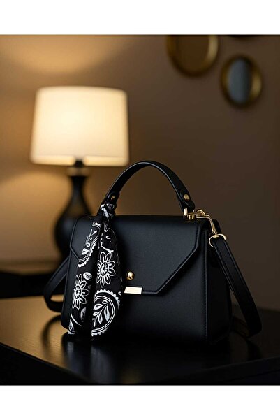 METEBAGS Siyah Suni Deri Fular Detaylı Omuz& El Çantası