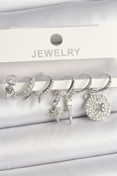 shopwave طقم أقراط نسائية متعددة الأشكال مصنوعة من النحاس الفضي مع أحجار الزركون