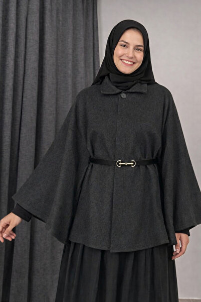 incim tesettür Gri Kemerli Kaşe Panço