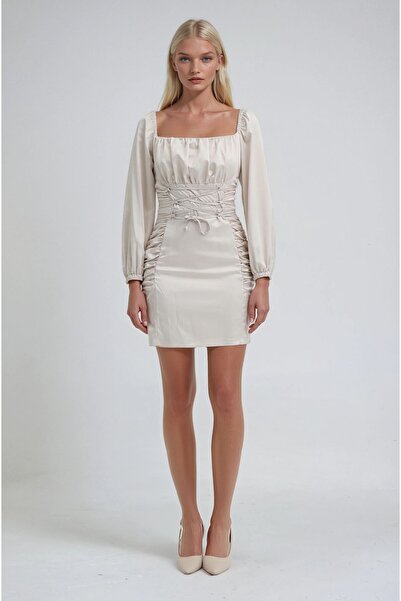 Lijuri Square neck elegant dress with shirring and tie detail 2324 r3-b-k2