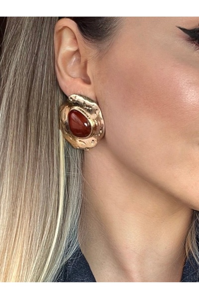 Dore Kahverengi Mineli Organik Yuvarlak Gold Küpe