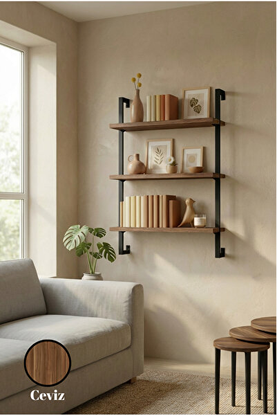 Euromob 3 Raflı Ceviz Rengi Çok Amaçlı Kitaplık / Dekoratif Duvar Rafı – Kola...