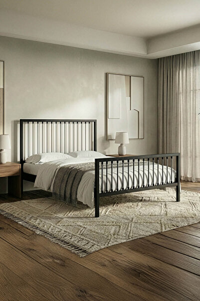 Unimet Breeze Çift Kişilik Ferforje Metal Karyola (SİYAH-GRİ) (AHŞAP LATALI)