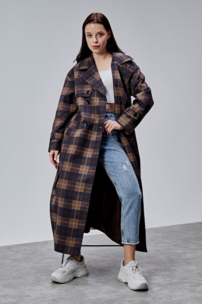 Bolivente Elora Navy Blue καρό με λεπτομέρειες Premium oversized Trench Coat ...