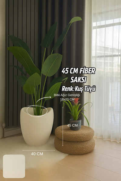 Lunalore Beton Doku Fiber Saksı 45 CM – 34 Lt, Yapay ve Canlı Bitki Uyumlu, İ...