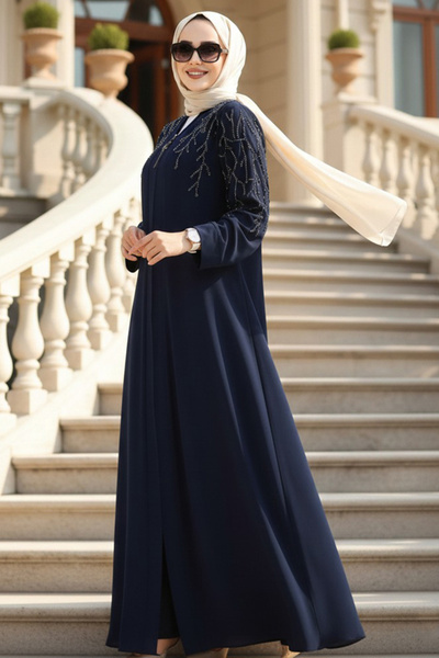 Neva Style Bead Embroidered Light Navy Blue Hijab Abaya 29110Al