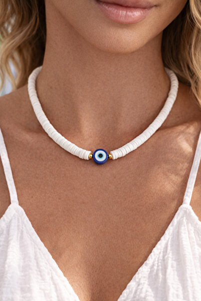 HERCY Nazar Boncuklu Beyaz Fimo Kolye | Yazlık Kadın Kolye | Nazarlı Kolye