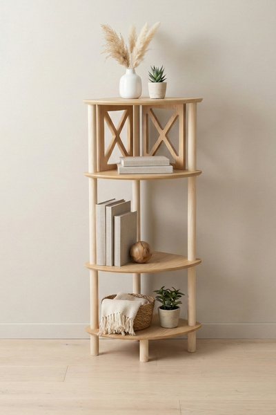 CMDWOOD LİVA 4 Raflı Çok Amaçlı Köşe Raf Ahşap Köşe Çiçeklik Köşe Objelik Köş...