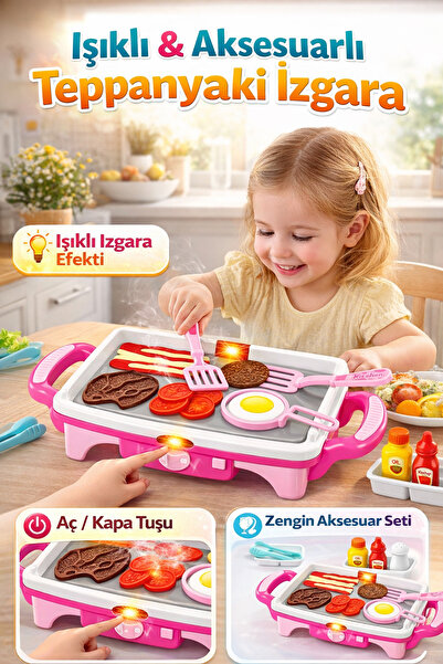 VARDEM OYUNCAK Işıklı Aksesuarlı Teppanyaki Izgara Oyuncak – Pilli Mutfak Seti