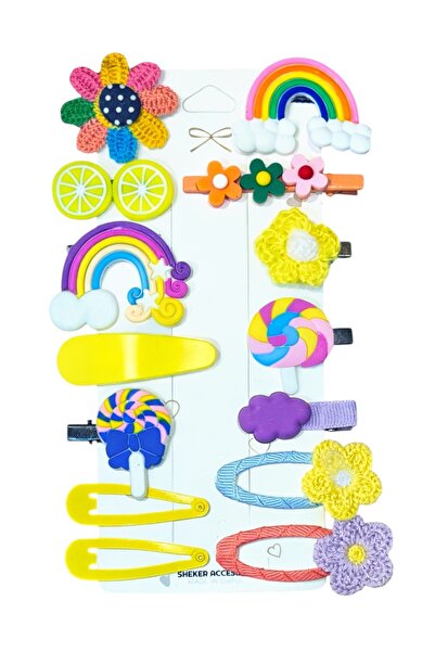 SHEKER HOME Kız Çocuk Renkli Figürlü Çıtçıt & Pens Toka Seti – 14 Adet