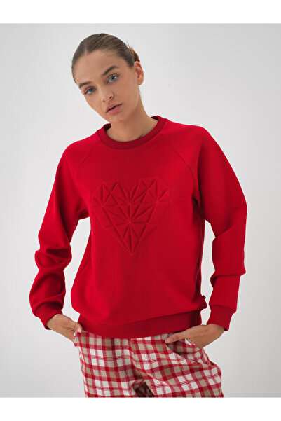 Xint Kadın Kırmızı Pamuklu Baskılı Sweatshirt