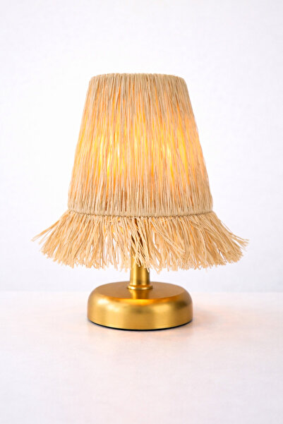 Bubihome Kablosuz Rafya Masa Lambası,  Bohem Pilli Led Abajur, Gold Gövde Raf...