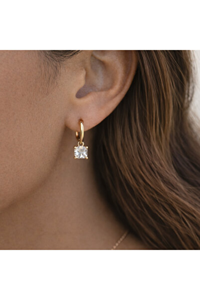 Heppii أقراط دائرية مربعة الشكل من Minimal Solitaire مرصعة بالحجر الأبيض الشفاف