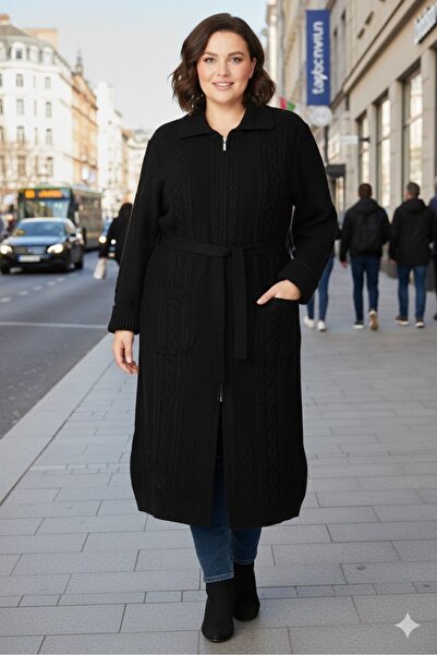 elma abone BÜYÜK BEDEN KADIN KIŞLIK FERMUARLI UZUN TRİKO HIRKA