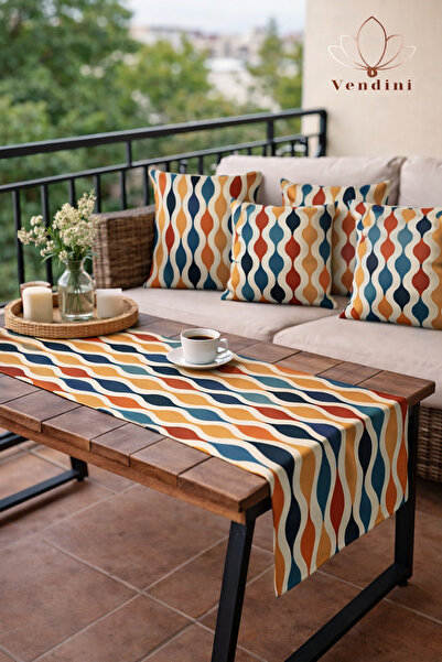 Vendini Kaliteli Kumaş, Canlı Renkler Runner Ve 4 Adet Kırlent Kılıfı Takımı