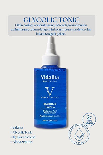 Vidalita Beauty & Care Glycolic Tonik 200 ml – Hyaluronik Asit & Alpha Arbuti...