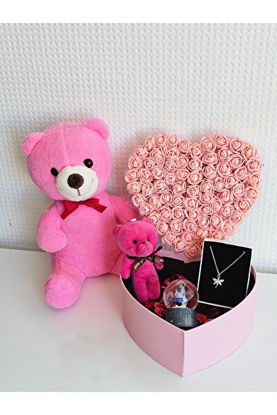 FİORELLA HEDİYE 14 ŞUBAT SEVGİLİYE PEMBE KALPLİ HEDİYE KUTUSU-PELUŞ AYI,KAR K...