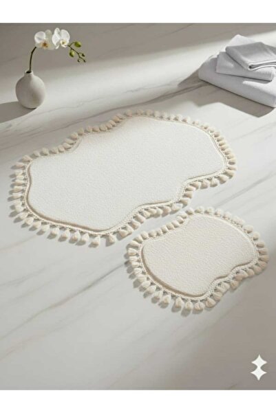 ALTUN CARPET 2-Piece Plush Pompom Fringed Bath Mat - 70x120+50x80