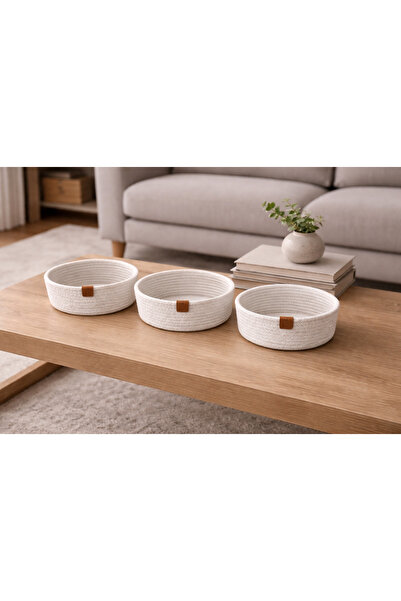 Naspar White Stitched Cotton 3-Piece Basket Set – Table, Tv, Coffee Table, Ta...