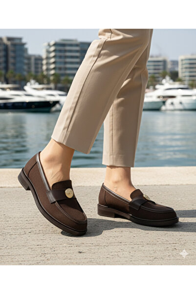 guijarro Women's Brown Suede Classic Loafer Shoes with Gold Button Detail