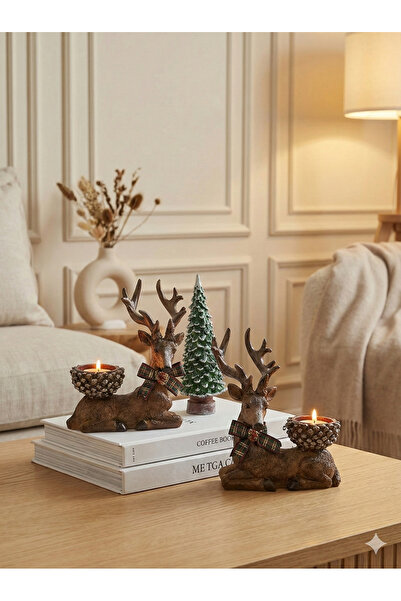 Dekoromi Dekoratif Geyik Mumluk Seti Ve Çam Ağacı (3 Parça) İyilik Simgesi Ob...