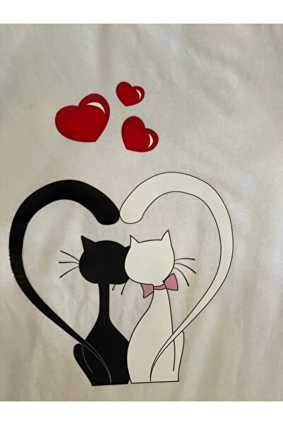 Gönülden Tasarım 23X17 CM ÜTÜ İLE YAPIŞAN KEDİLER AŞK KALP TRANSFER BASKI APL...
