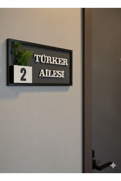 Amorfoz Kişiye Özel Aşhap Kapı Numarası 10x20 cm Antrasit Zemin Siyah Çerçeve Kapı Süsü