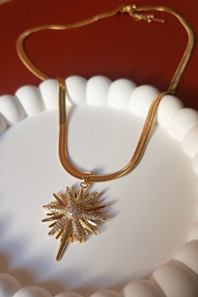 Tasarım Zirkon Taşlı Kuzey Yıldızı Çelik Kolye_İtalyan Zincir