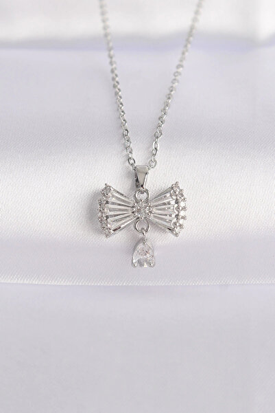 shopwave 316L سلسلة فولاذية فضية اللون الزركون حجر القلب التفاصيل القوس قلادة