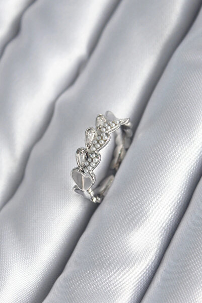 shopwave Brass Silver Color Heart Model Pearl Detail Women's Ring