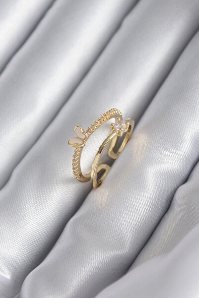 shopwave خاتم نسائي نحاسي ذهبي اللون مزين بحجر الزركون على شكل فراشة