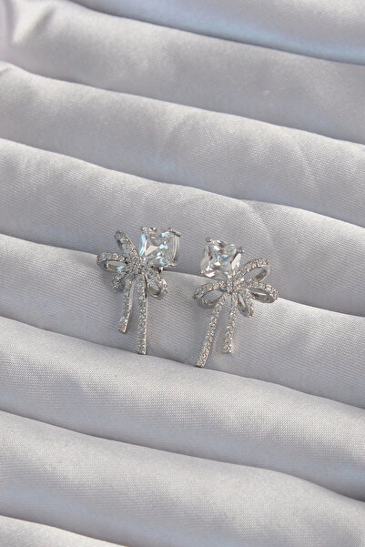 shopwave Brass Silver Color Square Zircon Stone Bow Earrings