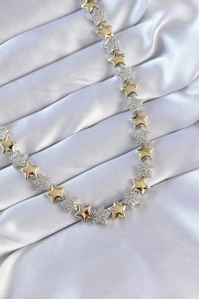 shopwave قلادة من سلسلة Vip مصنوعة من النحاس ومزدوجة اللون بتصميم نجمة من حجر...